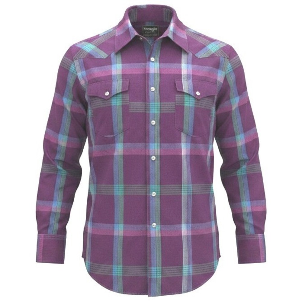 Wrangler Cowboy Cut Mens Purple Plaid Pearl Snap Western Shirt X-Long Tails